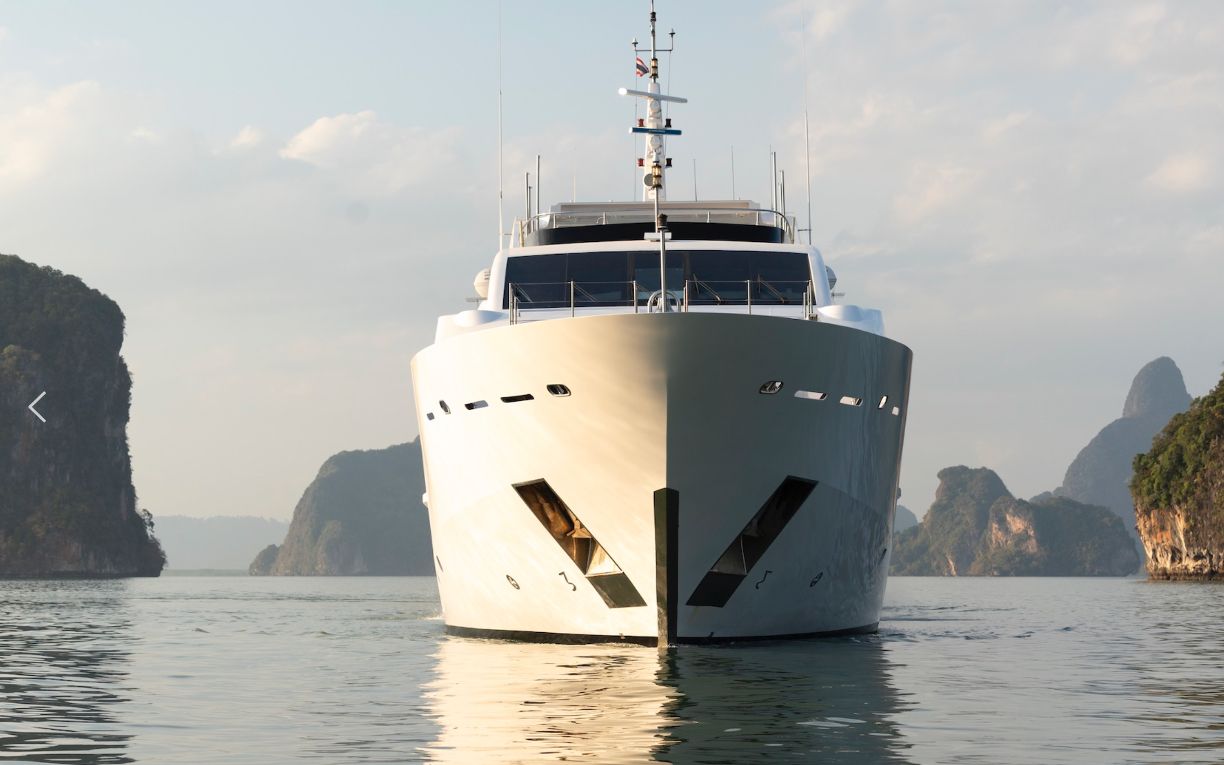 46m Astondoa superyacht bow at anchor in Phang Nga Bay, Thailand